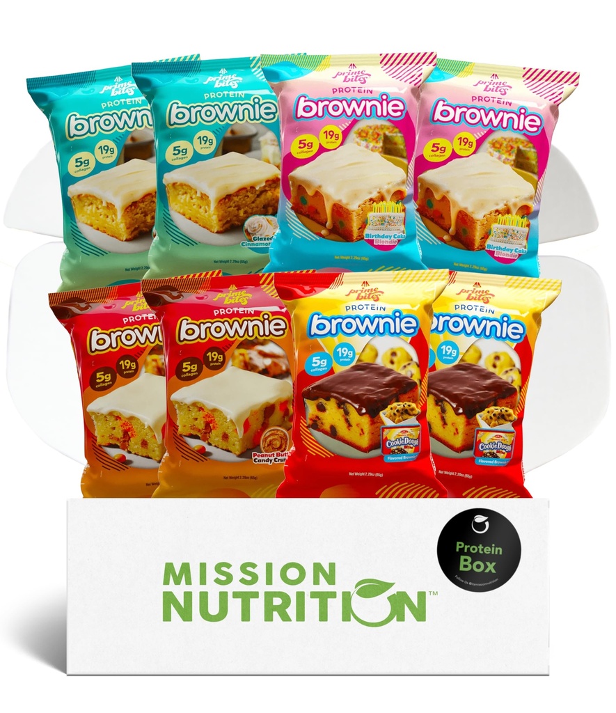 Prime Bites Proteine Brownies Variety Pack Blondii - Proteina mare (19g), Colagen & Proteina Whey, Zahăr scăzut - 8 Conte Snack & Cadou Box