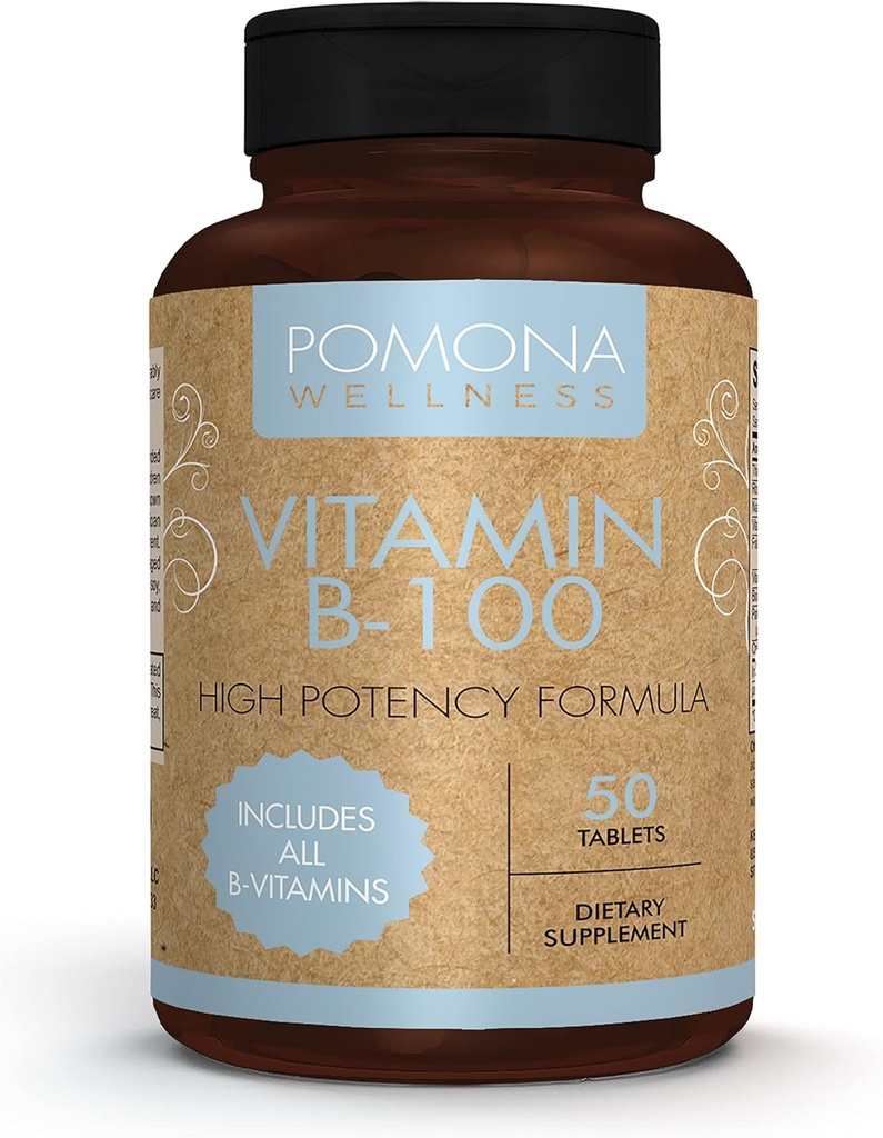 Pomona Wellness Vitamina B Supliment complex cu acid folic, Multivitamine de mare potenta, Toate cele 10 B Vitamine, inclusiv B12, suporta nivele energetice, Heart Health, Non-GMO, 50 comprimate