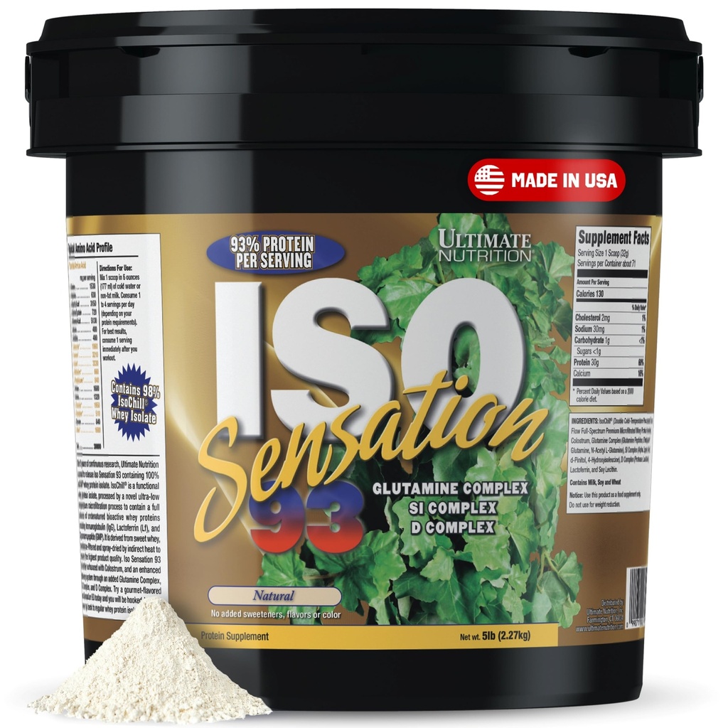 Ultimate Nutrition Whey Proteine Izolate Pulbere cu Glutamina Complex, Sensation ISO 93 - Whey Proteine Pulbere cu Adăugat Colostru pentru Recuperare îmbunătățită, Imunitate & Gut Health - Natural, 5lbs