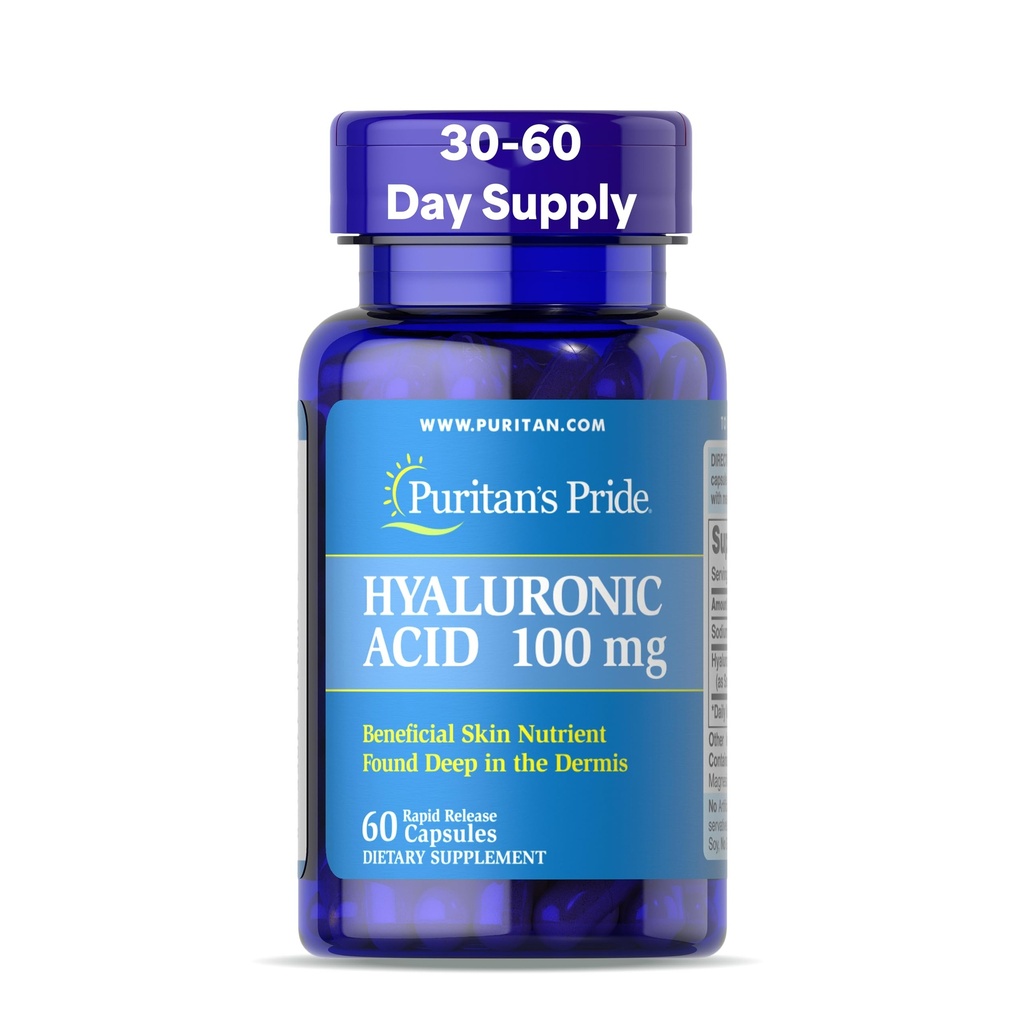 Puritani Pride Acid hialuronic 100mg, Supliment alimentar pentru hidratarea pielii, 60 capsule cu eliberare rapidă