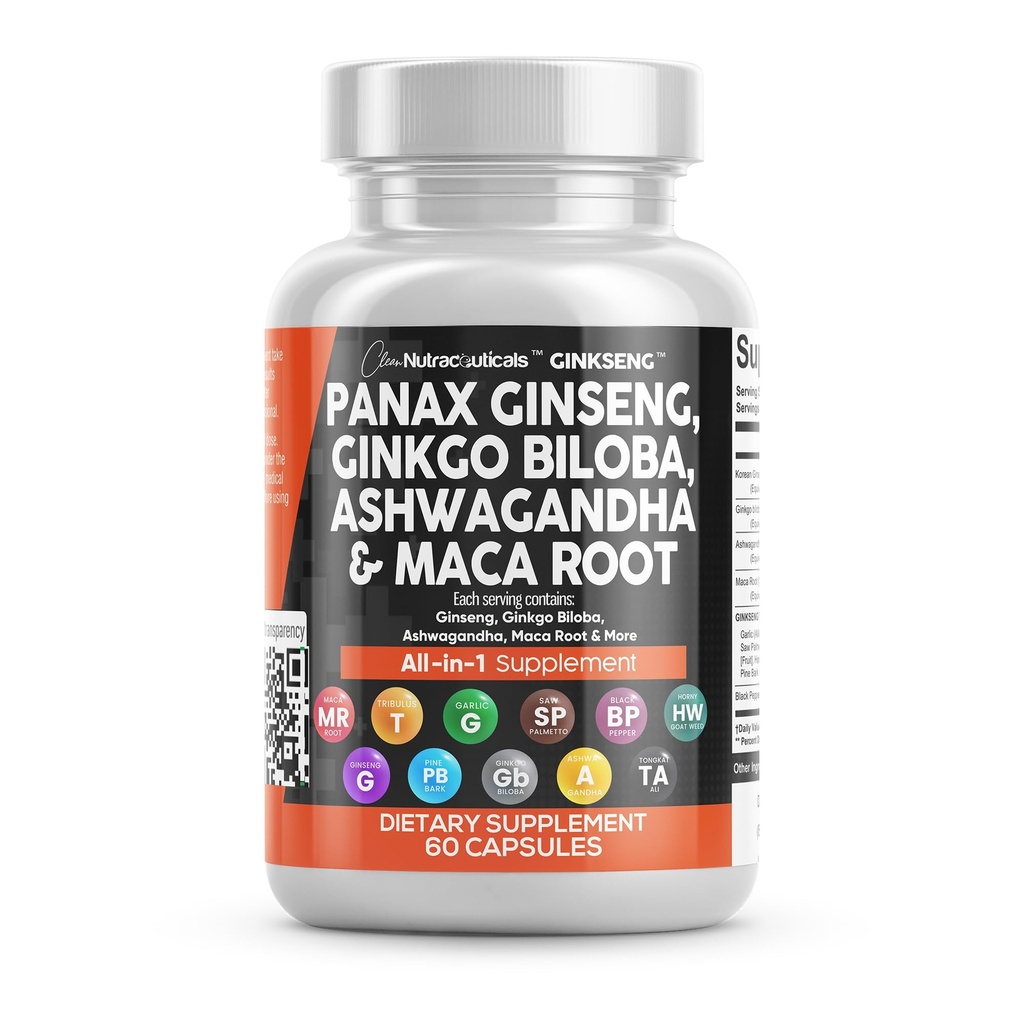 Clean Nutraceuticals Panax Ginseng Ginkgo Biloba Ashwagandha Maca Root - Focus Supliment pastile pentru femei și bărbați cu extract de pin Bark, usturoi, și Saw Palmetto - 60 Caps