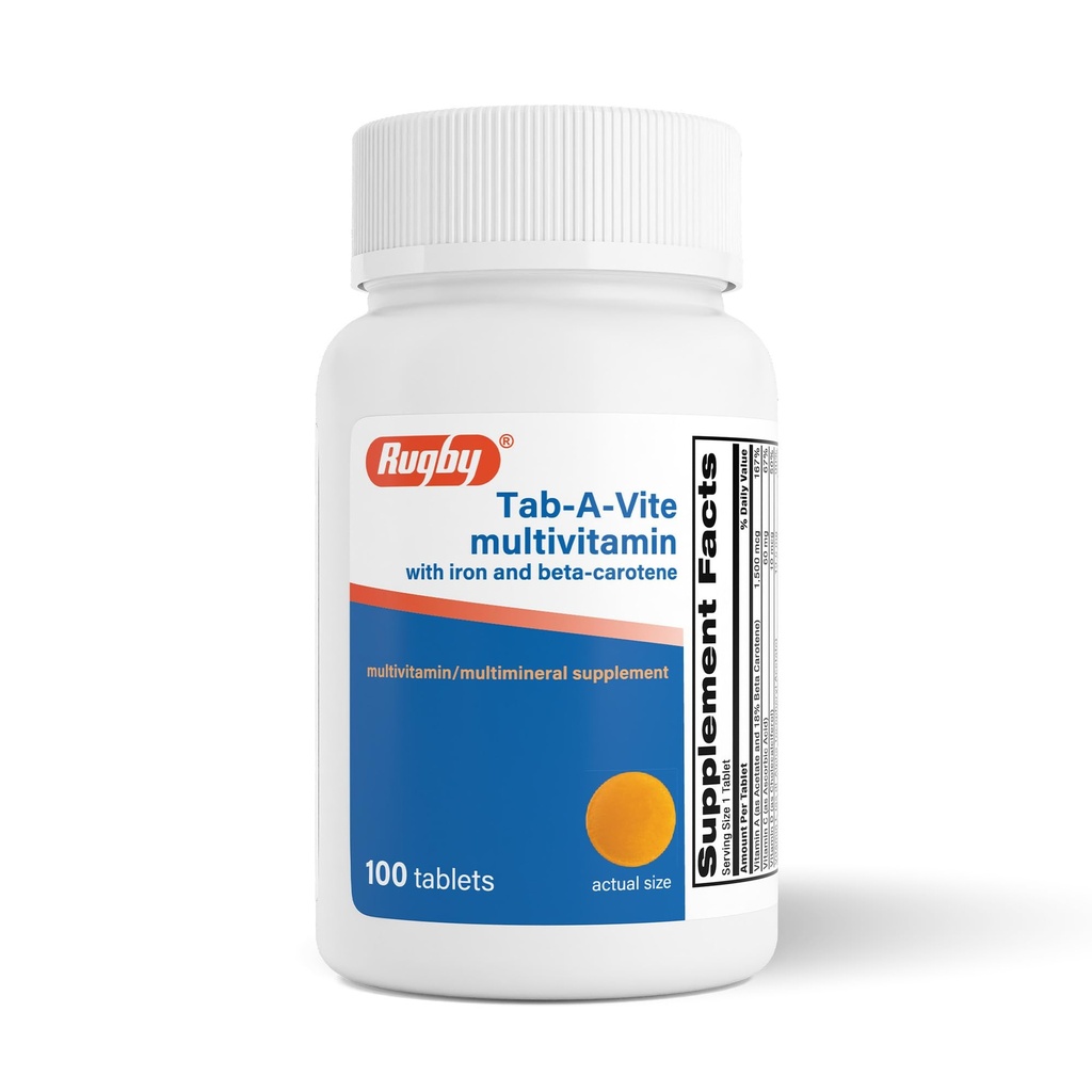 Rugby Tab-A-Vite Multivitamine cu fier și Beta-Caroten - Multivitamine zilnice pentru adulți, Sprijină Sănătatea generală, Suplimentul Multimineral - 100 comprimate