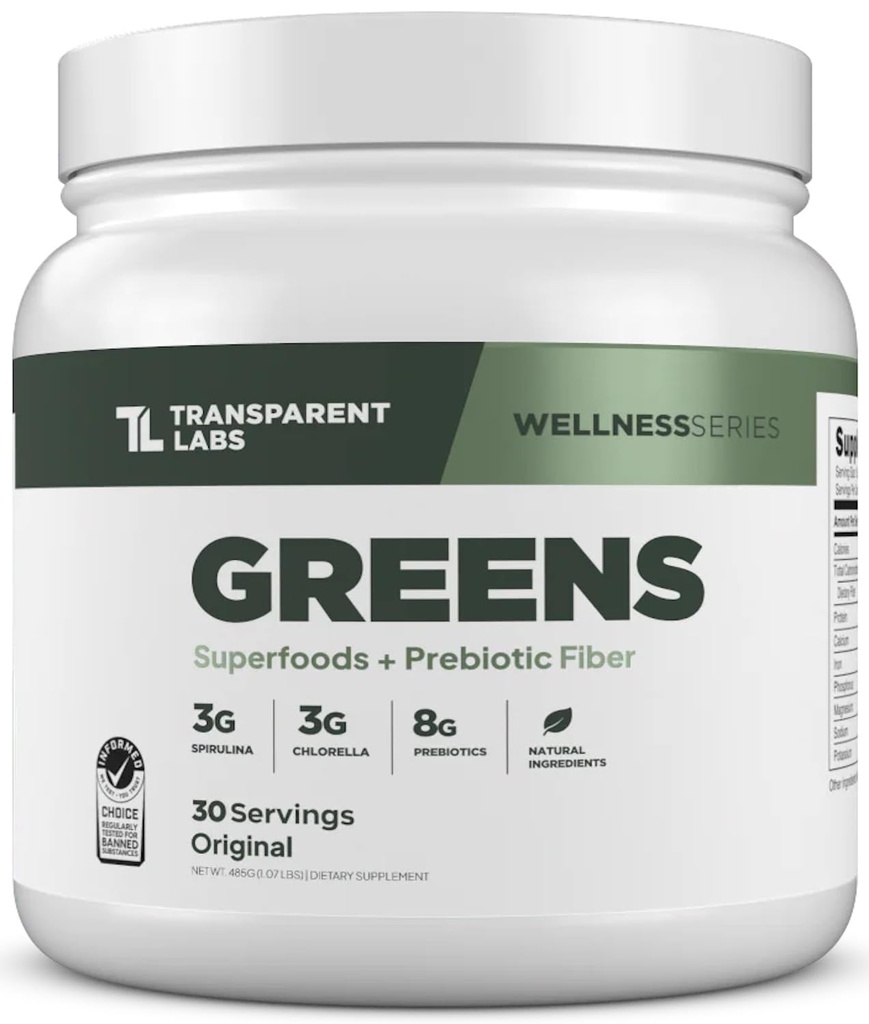 Laboratoare transparente Verzi prebiotici - Superfood Powder & Antioxidanti Supliment cu Spirulina organica, Chloerra, Acacia, & Green Banana Powder - 30 Serviri, Nearomatizate