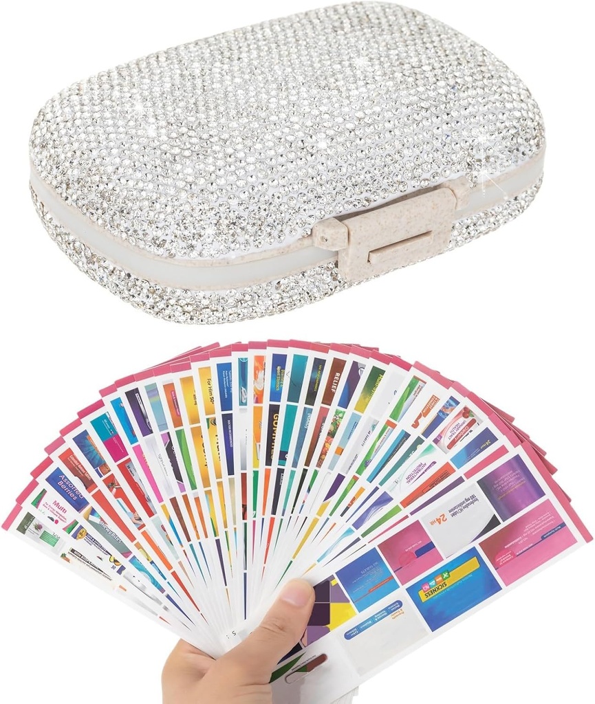 Organizator de pastile cu etichete Bling Pocket Pilula caz cu Stickers Travel Medicine Kit Deţinătorul de mici pastile cutie container portabil mini medicament depozitare (White & 300 Etichete)