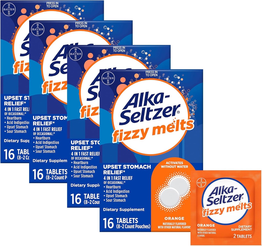 Alka-Seltzer Fizzy Melts, dizolvare pe limba, Nu este nevoie de apă, On-The-Go suplimente dietetice Antiacid comprimate, pentru ameliorarea arsuri la stomac ocazionale și acid indigestie*, Orange Flavor, 64 Conte