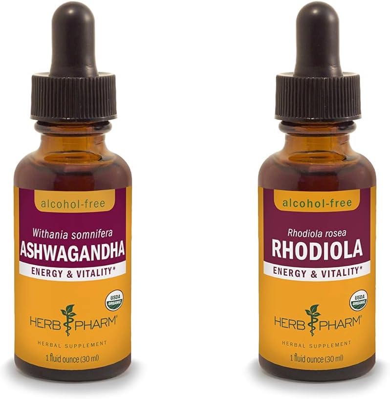 Herb Pharm Ashwagandha & Rhodiola extracte pentru energie, vitalitate, rezistenta si rezistenta, 1 Oz Fiecare