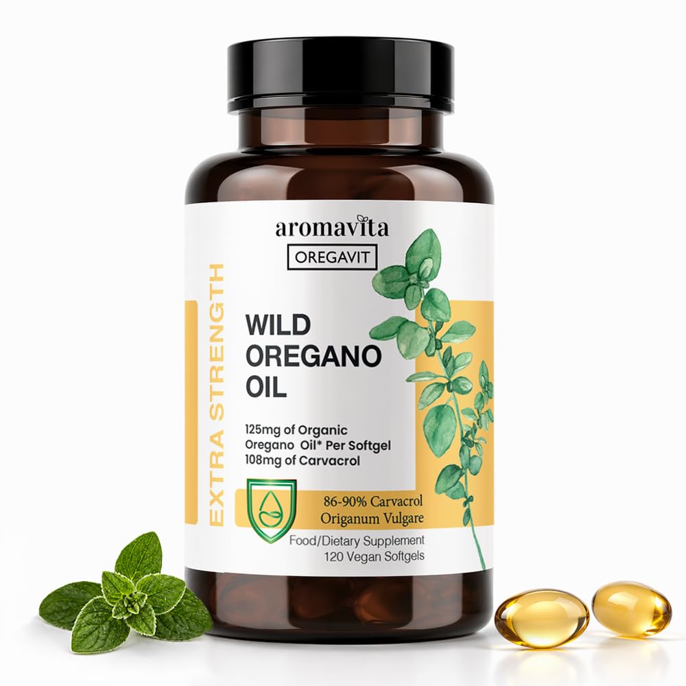 Capsule de ulei Vegan Wild Oregano Organice, 86-90% Carvacrol - 125 mg ulei de Oregano per Softgel - Suport imun și digestiv, Antioxidant natural, Vegan, Non OMG, 120 capsule