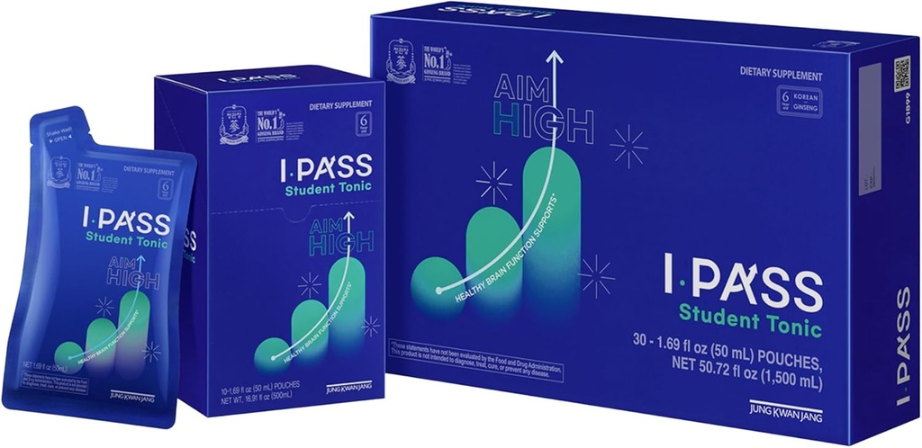 JungKwanJang iPass Student Tonic - Adaptogen Energy Drink Supplement with Korean Red Ginseng, Jujube, Astragalus & Angelica - Daily Support for School and Activities (30 Pouchs, 1.69 fl oz)
