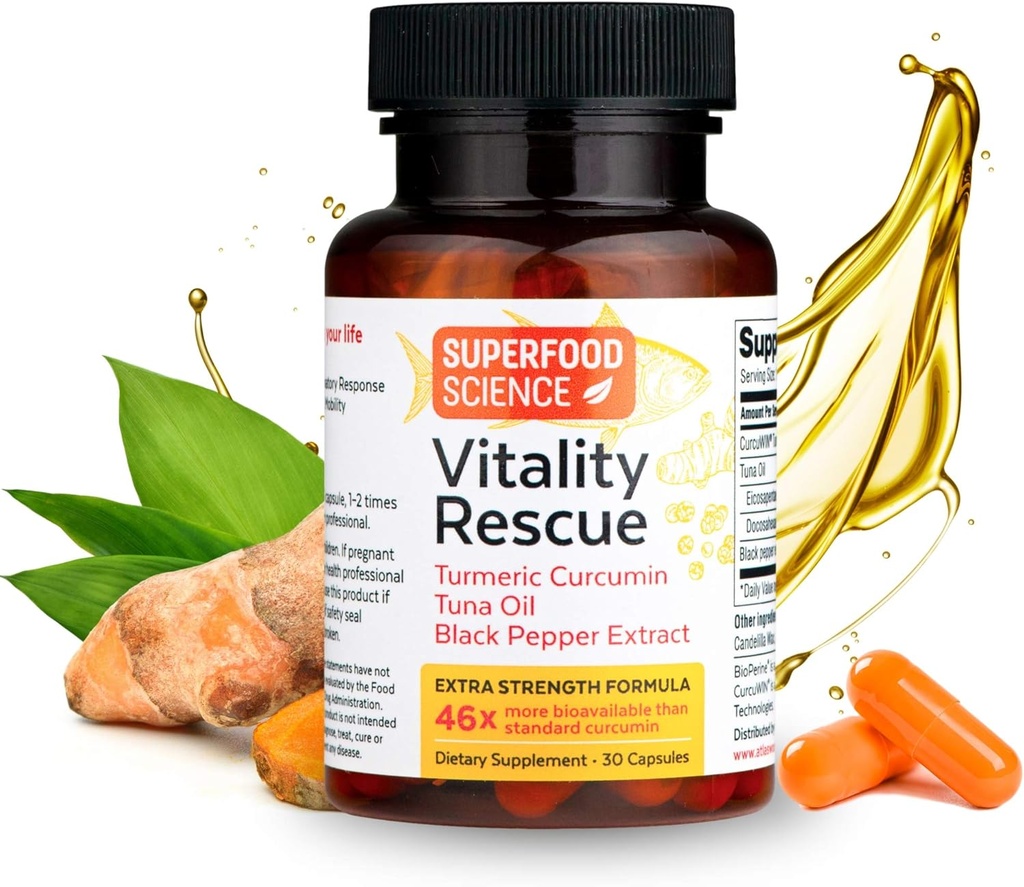 Vitality Rescue, Fish Oil DHA EPA Omega 3 și Turmeric Supplement w/Bioperine, CurcuWin 46X Superior Absorbtion Curcumin pentru a sprijini antrenament de recuperare, comun, musculare, Cardio & Brain Health, 30 capsule