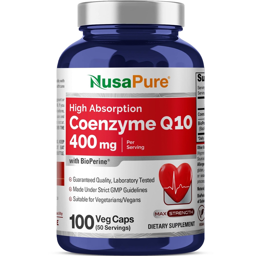 NusaPure CoQ10 400mg 100 Veggie Caps (Vegan, Non-GMO) Coenzima Q10 Supliment, Antioxidant COQ-10 Enzyme, Coq 10
