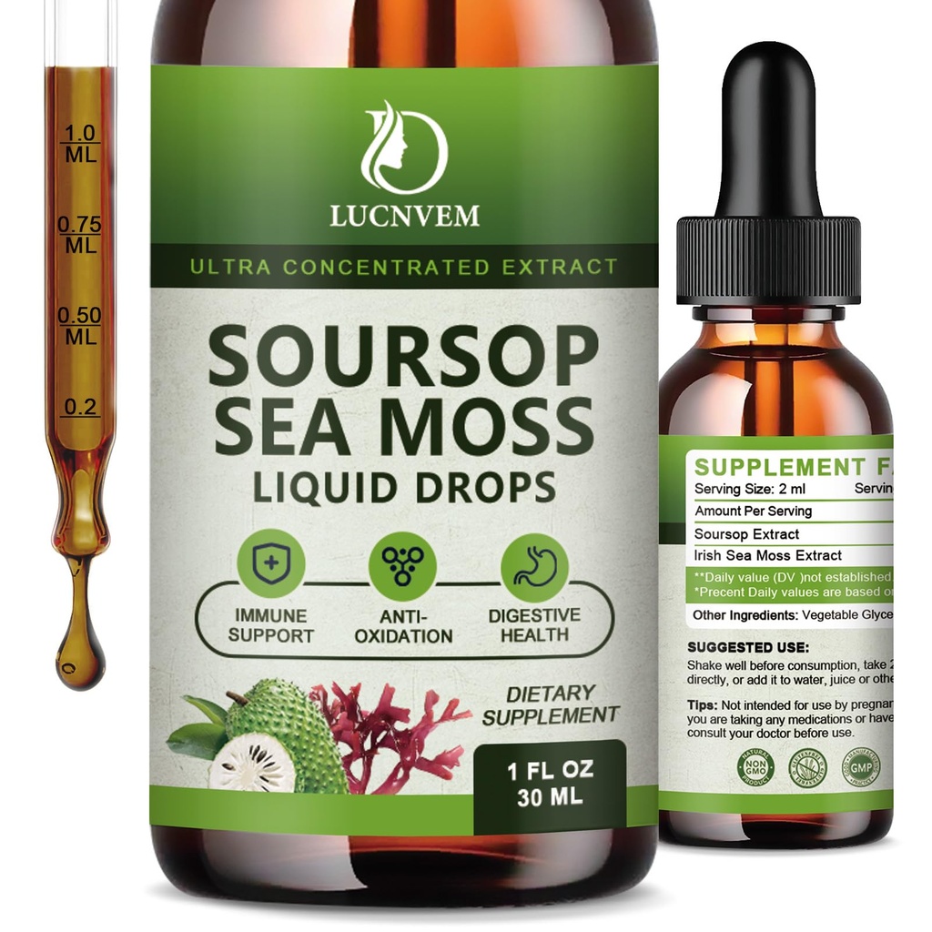 (2 Pachet) Soursop organic Graviola cu picături de lichid Moss Sea, Soursop Bitters lichid bogat în multivitamine pentru antioxidant natural, Boost imun, Suport Cell & Regenerare, Aroma Ananas