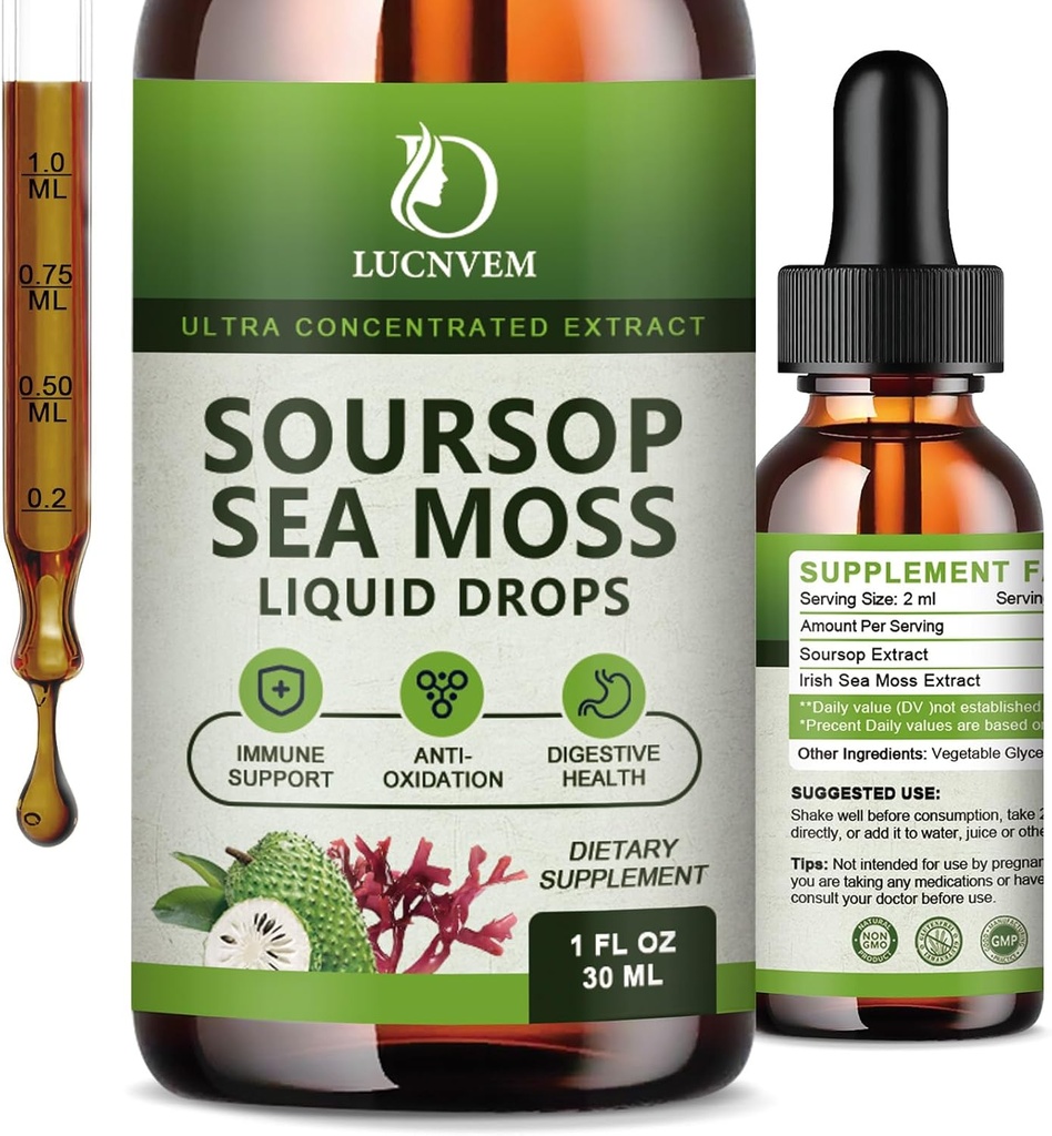 (2 Pachet) Soursop organic Graviola cu picături de lichid Moss Sea, Soursop Bitters lichid bogat în multivitamine pentru antioxidant natural, Boost imun, Suport Cell & Regenerare, Aroma Ananas