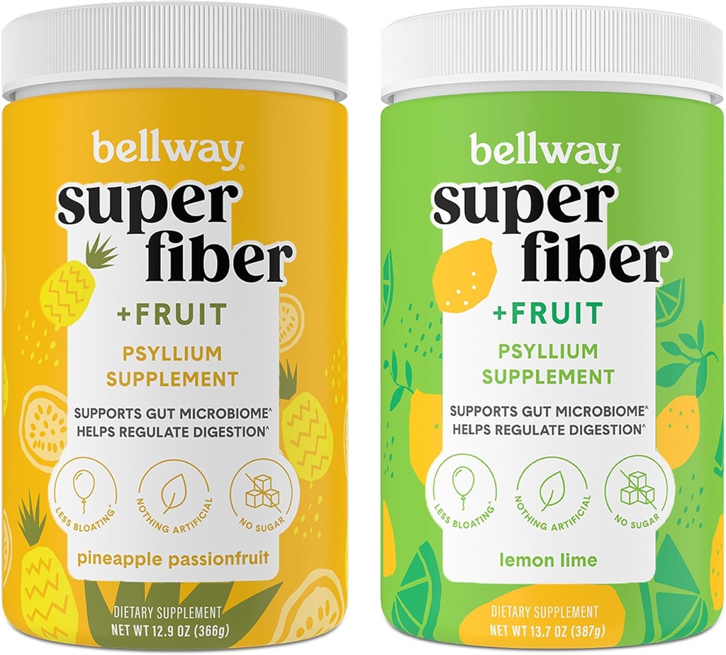 Bellway Super Fiber Powder + Fruit, Sugar Free Organic Psyllium Husk Powder Fiber Supplement for Regularity, Bloating Relief & Gut Health, Non-GMO, Ananas Passion Fruit & Lemon Lime