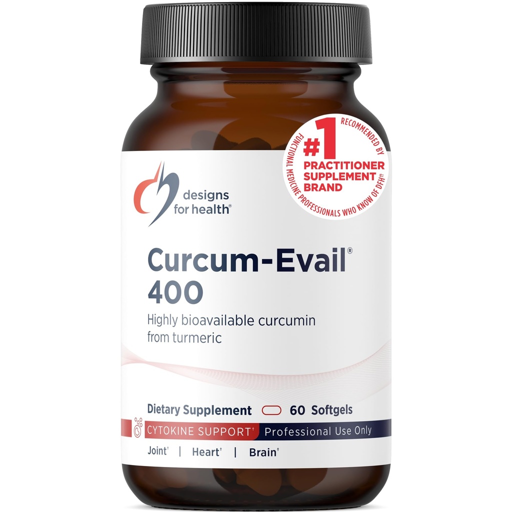 Design-uri pentru sănătate Curcum-Evail 400 - Biodisponibil Curcumin Suplimente Turmeric - Tehnologie de emulsificare Evail - Curcumin C3 Complex cu ulei turmeric + vitamina E, non-GMO (60 Softgels)