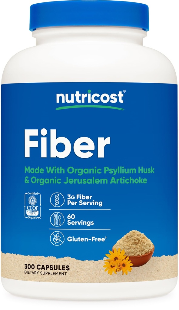 Capsule de fibre Nutricost cu supliment de fibre prebiotice 300 capsule - fabricate din Psyllium Psyllium Organic Husk & Jerusalem Artichoke, 60 Servings, Gluten Free, 3 G Per Serving