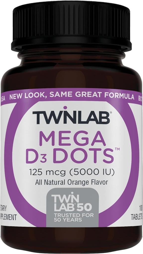 Twinlab Mega D-3 Puncte - Suplimentul vitamina D pentru sănătate imună și suport osos - 100 comprimate portocalii, 125 mcg (5000 UI) (Pachet de 2)
