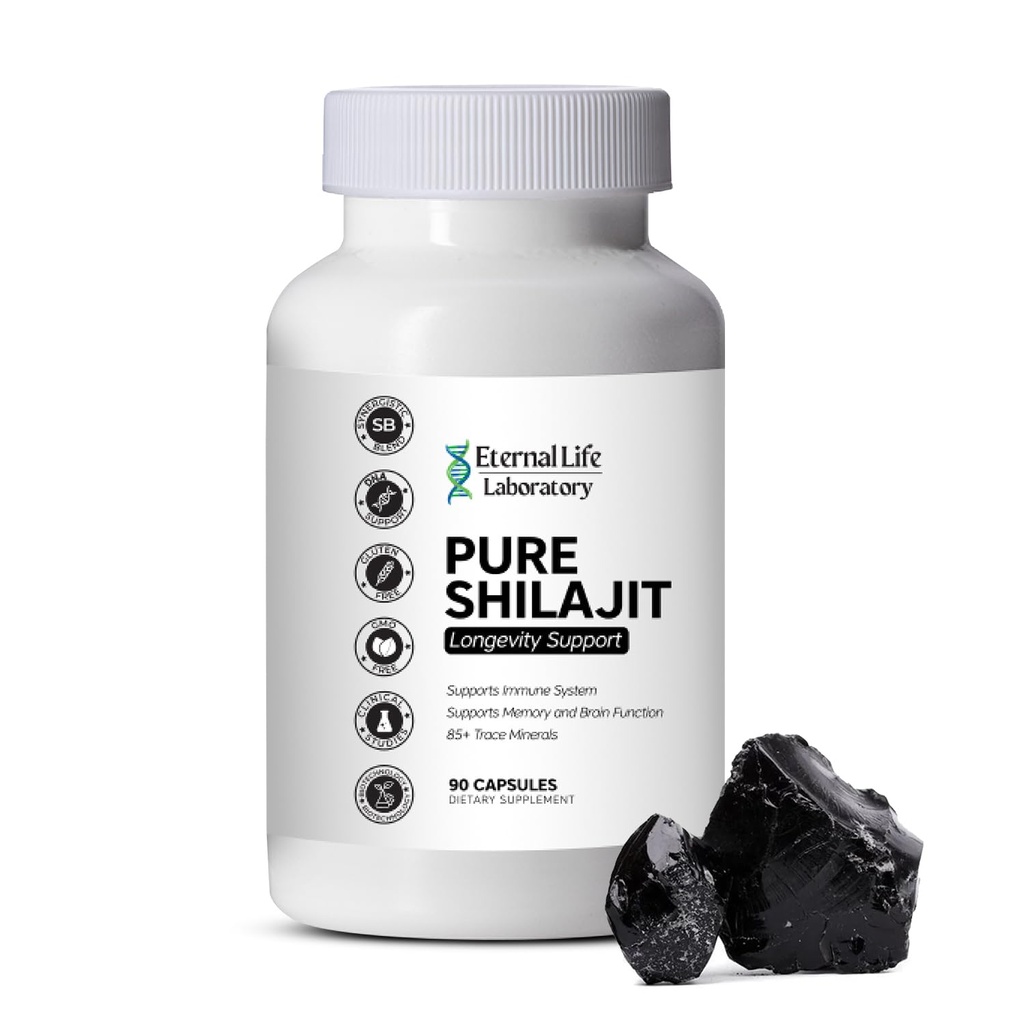 100% Pure Shilajit, Organic Himalayan Shilajit pentru bărbați și femei, 85 + Trace Minerale bogate în acid fuzelian Shilaj Suplimentul pentru energie și sistem imunitar 1000mg 90 Conte