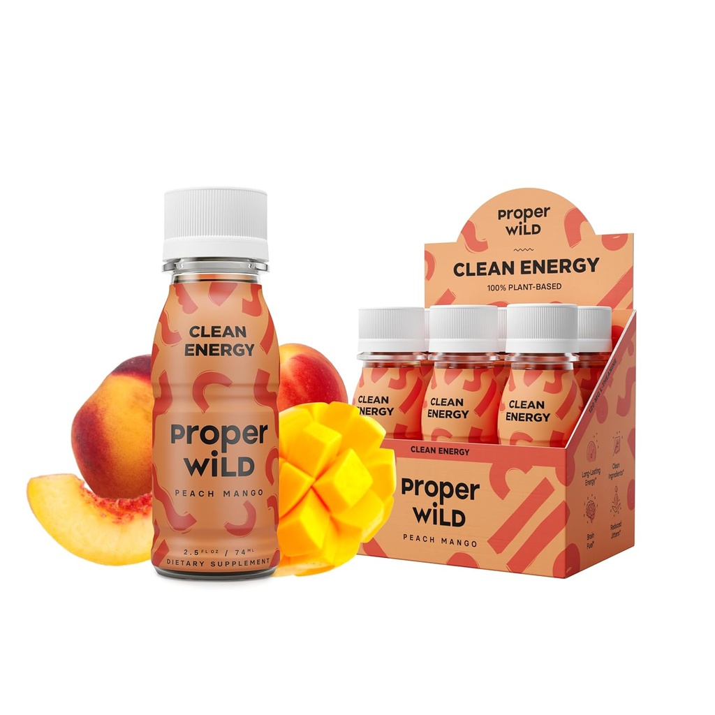 Shoturi adecvate de energie Wild Vegan, cu L-Teanină, și Cafeina organică, Clean Plant based Energy Drink, Gluten-Free, OMG-Free, lactate-Free, Stevia-Free, Soy-Free, Peach Mango, 2.5 Fl Oz, 6 Pack