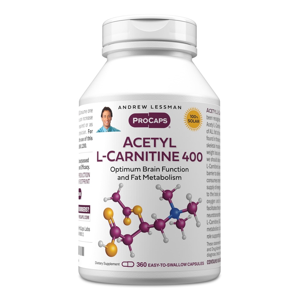 ANDREW LESSMAN Acetil L-Carnitina 400 mg - 360 capsule - Suport pentru sistemul nervos, grăsime și energie metabolice, funcția creierului sănătos, fluxul sanguin sănătos la creier. Capsule uşor de înghiţit.