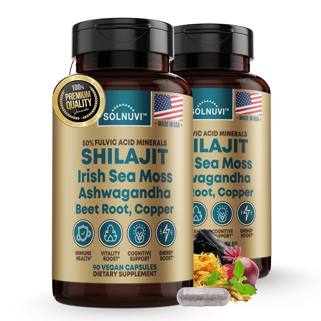 Silajit capsule organice pure Himalayan cu Irish Sea Moss, Ashwagandha, Cupru, Root de sfeclă - Acid fuzelian Trace Minerals Supliment pentru bărbați și femei - 90 Conte, Non-GMO, Gluten-Free