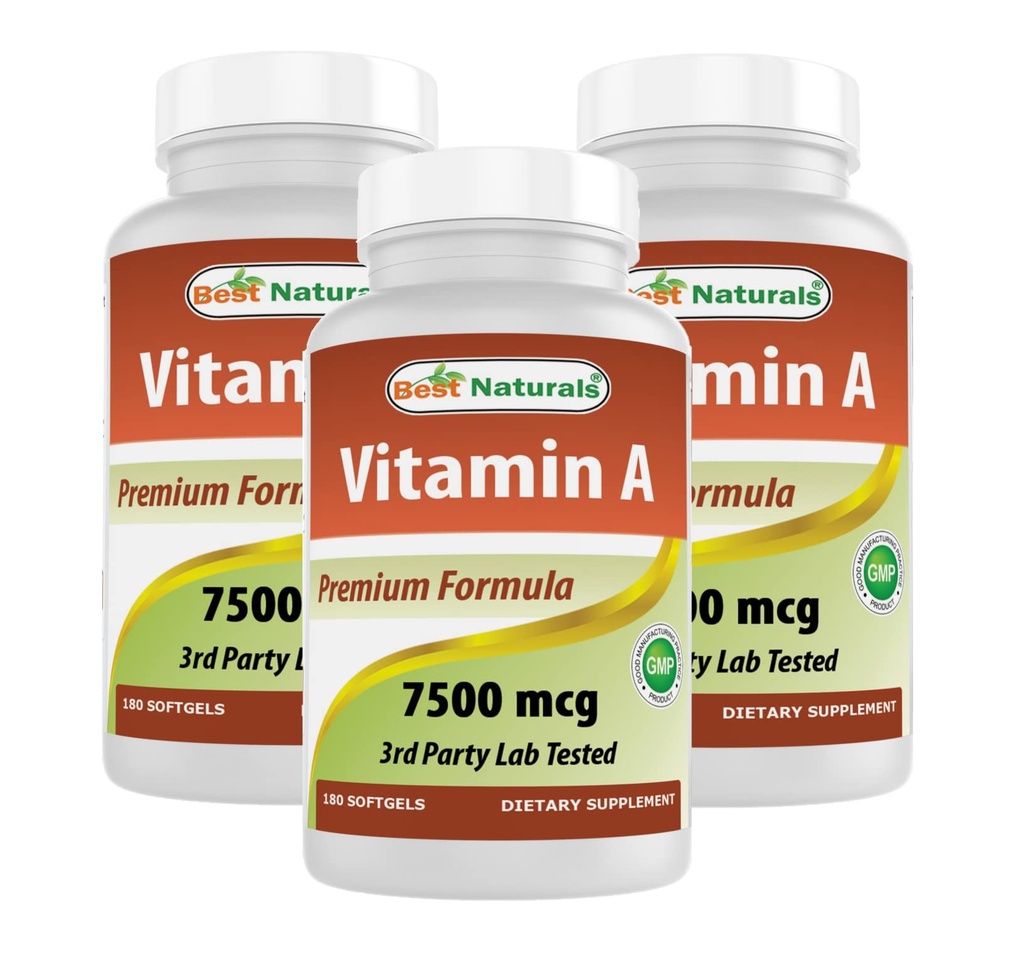 Best Naturals Vitamina A 25000 UI (7500 mcg), Non-GMO Formula susţine o viziune sănătoasă şi sistemul imunitar şi creşterea sănătoasă & Reproduction, 180 Softgels (180 Conte (Pachet de 3))