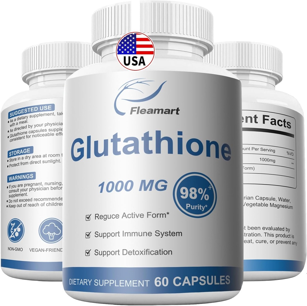 Suplimentul la glutationă 98%+ Purificat și Biodisponibil - Îngrijirea pielii și detoxifiere L-glutatione 1000mg Imun și suport hepatic - Made in The USA 60 Capsule