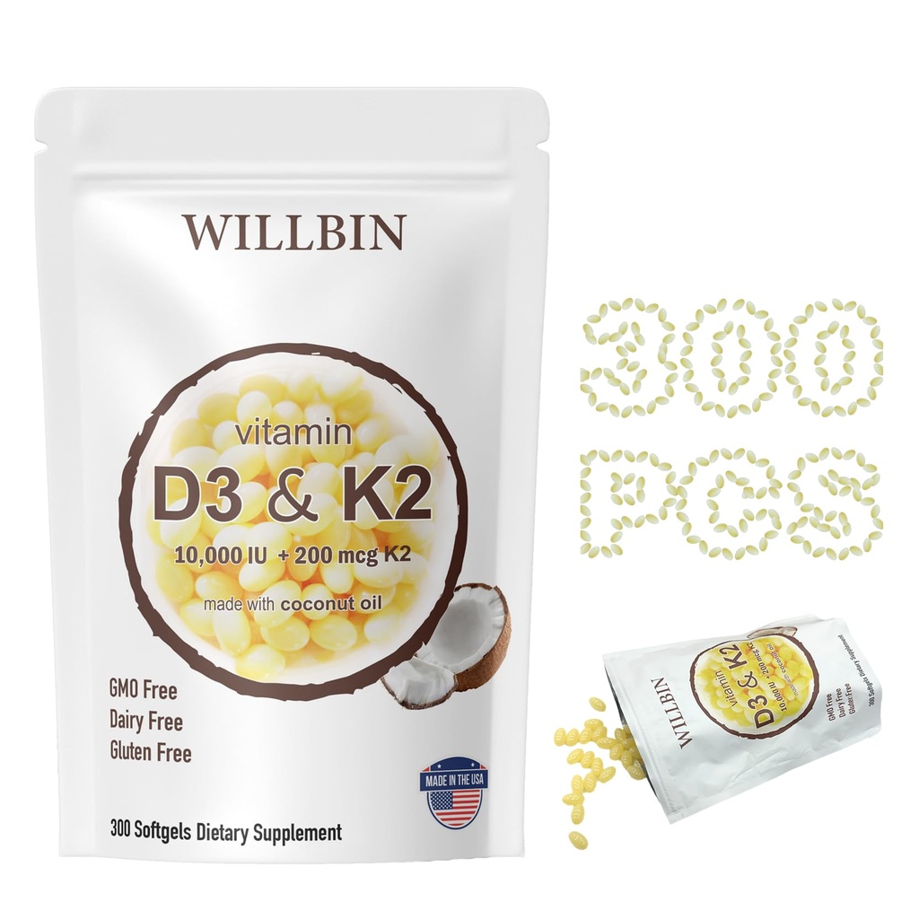 300 buc 2 în 1 Vitamina D3 10000 ui Plus K2 (MK-7) 200 mcg, Softgels ulei de cocos cu vitamine D & K, Suporturi Bone, Inima & Imuna Sănătate - Ușor de înghițit & Non-GMO