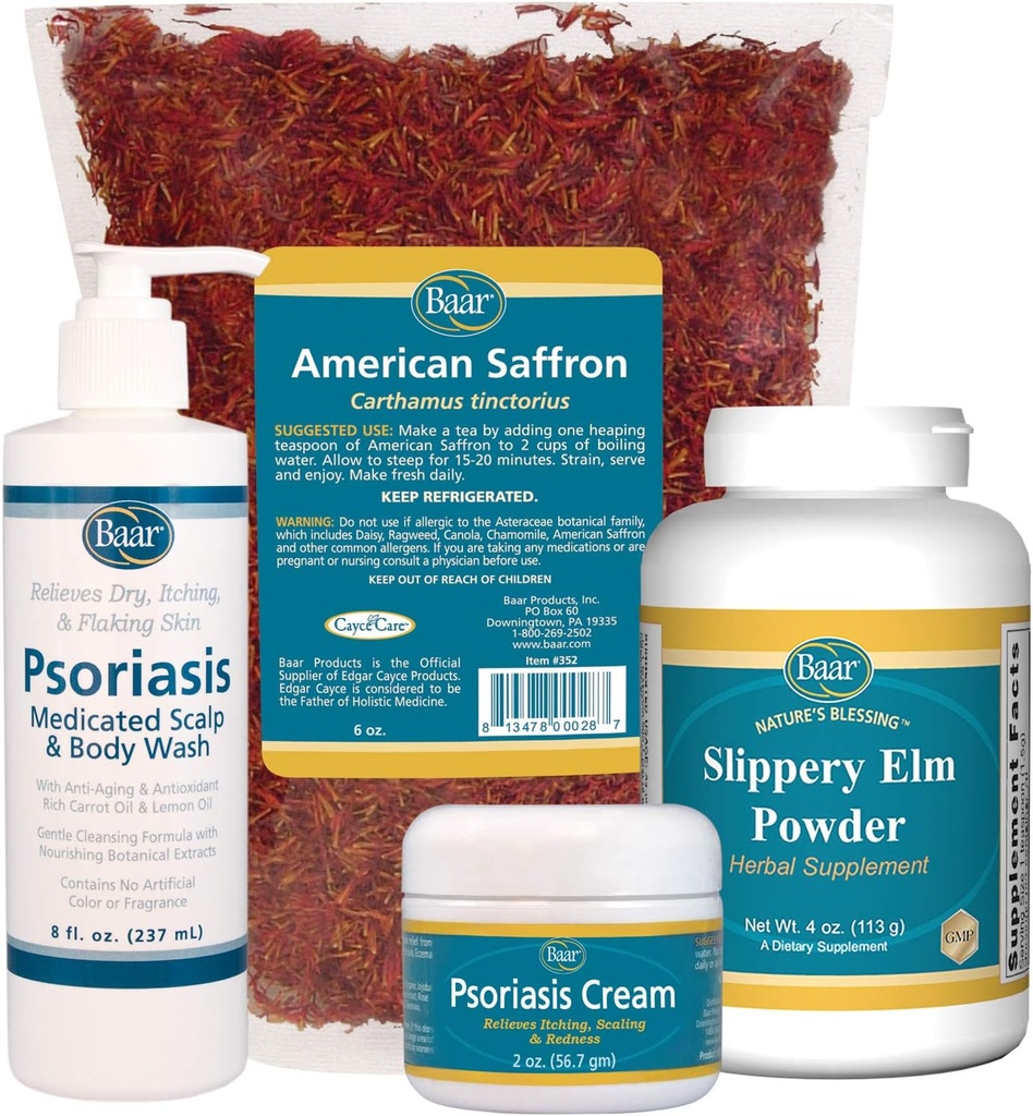 Kit de îngrijire Psoriazis - Include American Saffron Ceai, Slippery Elm Bark pulbere, Psoriazis Scalp și Body Wash, și Psoriazis Cream. 4 Articole recomandate în cartea Vindecarea psoriazisului de Dr. John Pagano