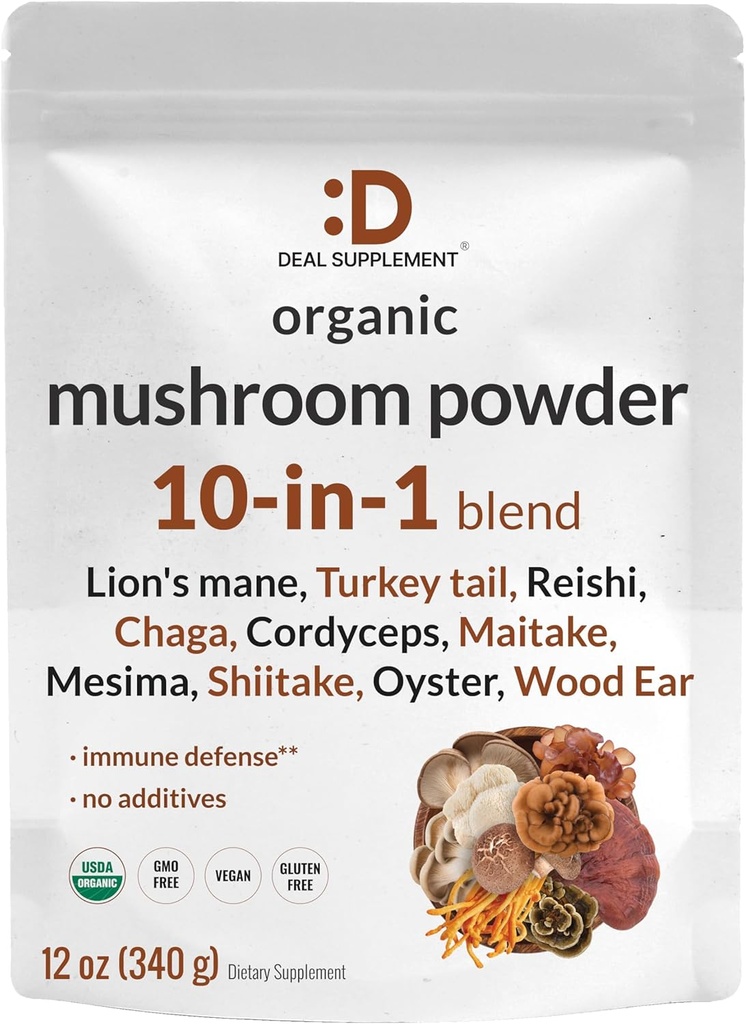 SUPLIMENTARE DETALIATĂ Organic Mushroom Powder Supliment, 12 oz 10 in 1 Active Blend 