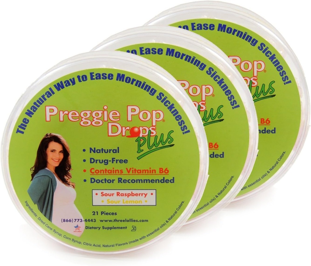 Three Lollies Preggie Pop Drops Plus with B6 Capsules, Sour Raspberry/Lemon, 3 Count