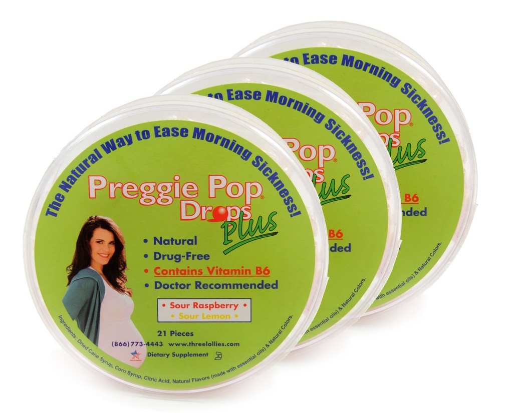 Trei Lollies Preggie Pop picături Plus cu B6 capsule, Zmeură aur / Lemon, 3 Conte