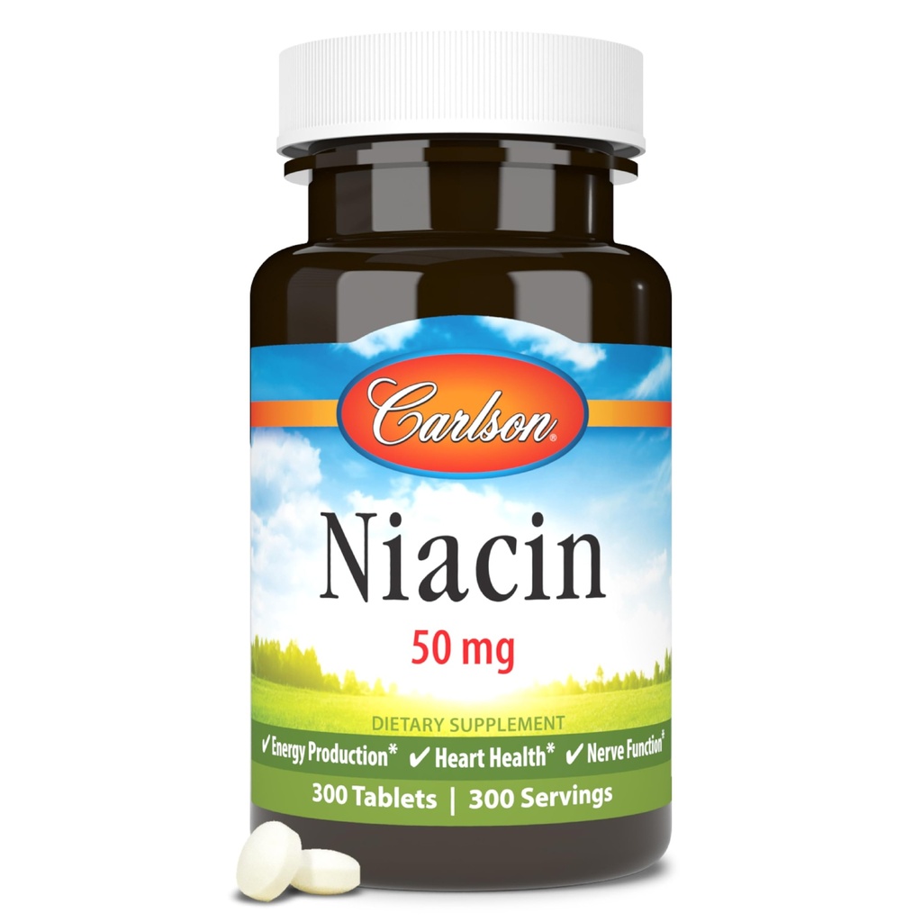 Carlson - Niacin, 50 mg, susține metabolismul colesterolului, producția de energie, sănătatea inimii, funcția nervoasă, 300 comprimate