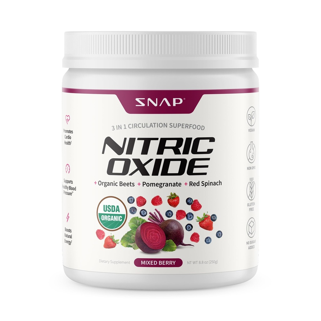 Snap Suplimente Sfeclă organică Pulbere de oxid de azot - Suportă energie şi circulaţie sănătoasă, 8.8 oz (30 Servings, 1 lună de aprovizionare), mixt Berry