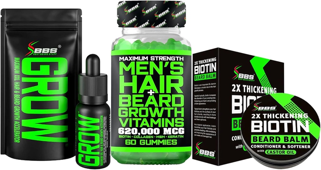 Kit de creştere barbă w/ 2X îngroşare barbă Biotin Balsam pentru bărbaţi şi mustaţă ceară + creşte mustaţă Ser şi ulei de păr facial + 14- in- 1 Biotin Gumies şi vitamina de creştere a părului pentru bărbaţi - Formulat în America