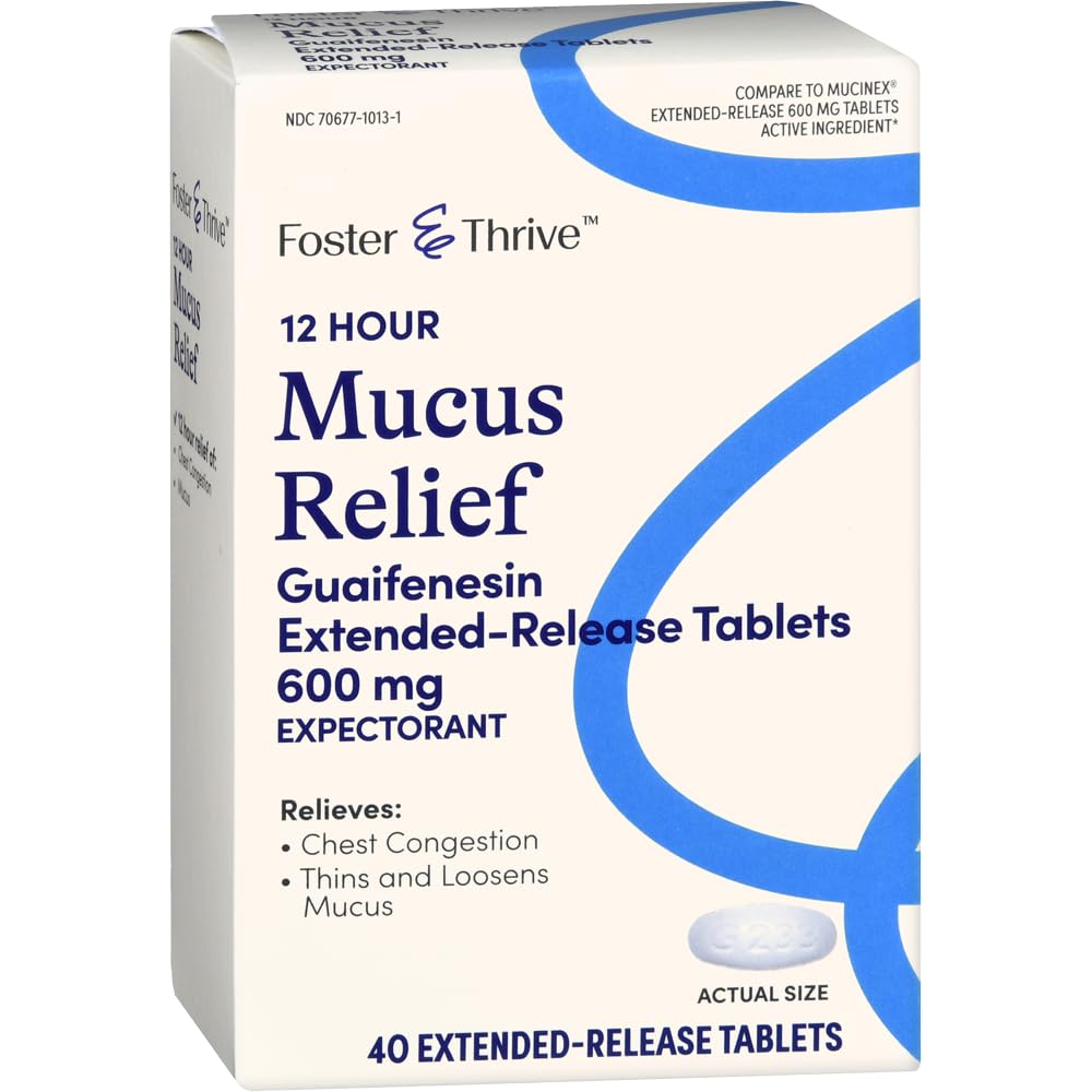 Congestia toracică Foster & Thrive Mucus Extended Release, 600 mg Guaifensin Relieves Congestia toracică cauzată de excesul de Mucus (compară cu Mucinex 12 Hour Extended Release), 40 comprimate