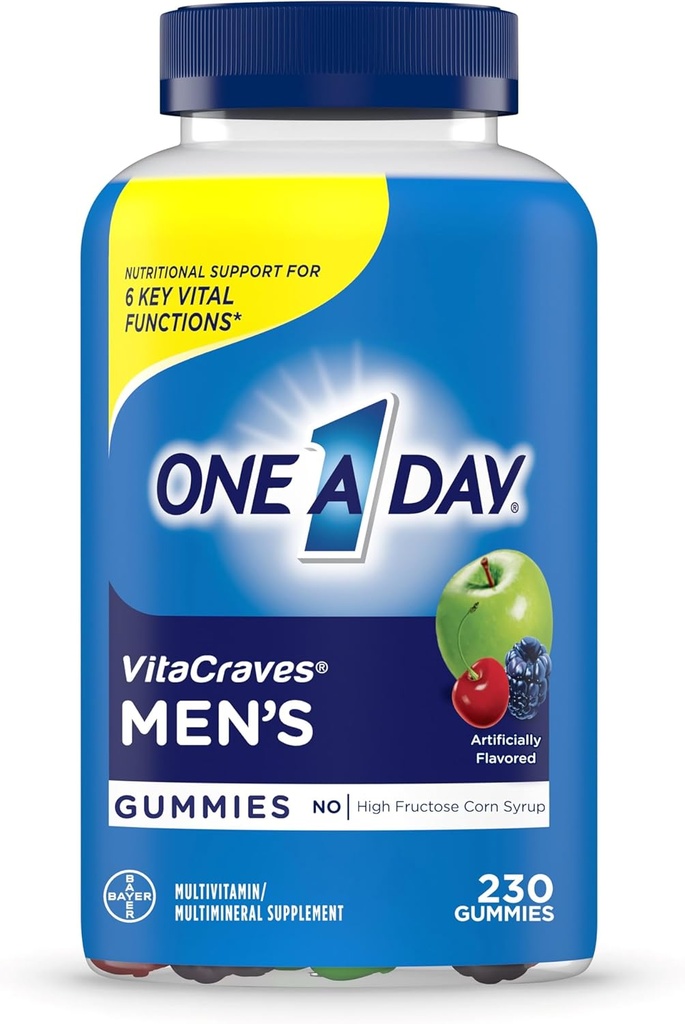 One A Day Mens Multivitamine Gummies, Multivitamine pentru barbati cu vitamina A, C, D, E, Calciu & Mai mult pentru a sprijini functia musculara sanatoasa, Gume, 230 Conte