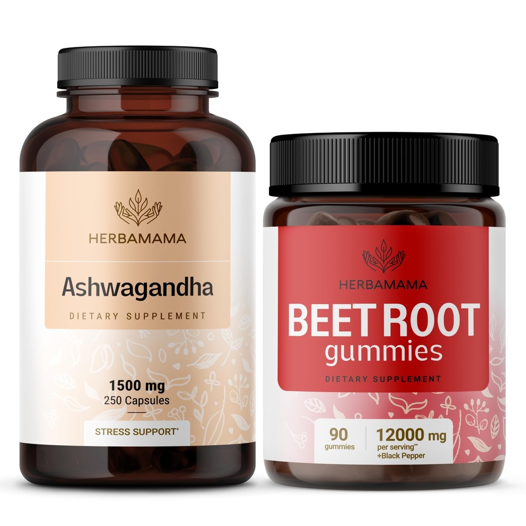 HERBAMAMA Ashwagandha and Beet Root Kit - Bundle of 1500 mg Ashwagandha Root Capsules & 1500 mg Beet Root Gummies - Vegan, Non-GMO, Gelatină-Free - 2 Pack