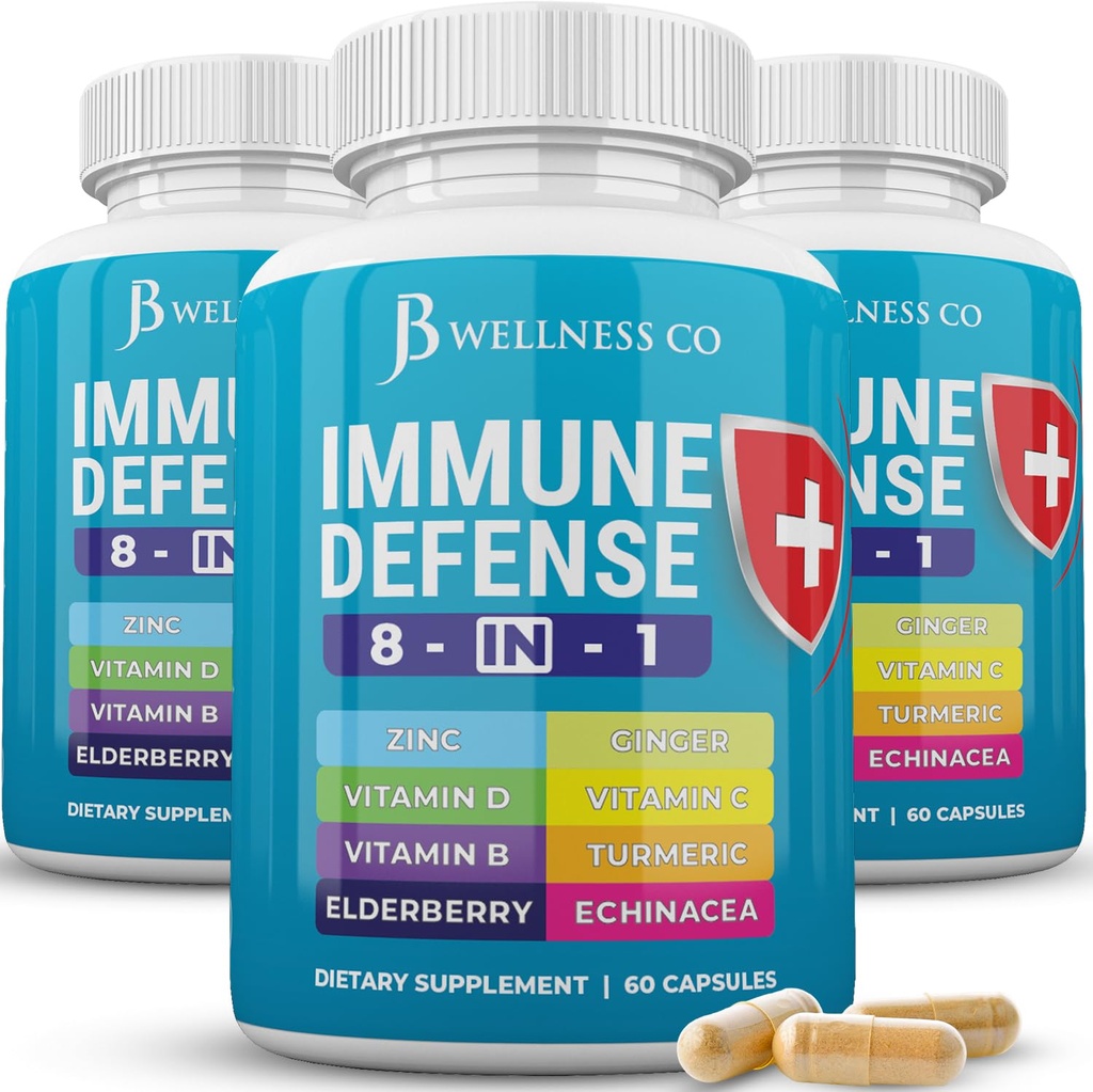 Suport imun 8 în 1 Capsule - Supliment de zinc, vitamina D3, vitamina C și elderberry - Suplimentul de rapel imun cu echinacea, root de ghimbir, și Turmeric - [3-Pack, 180 Conte]