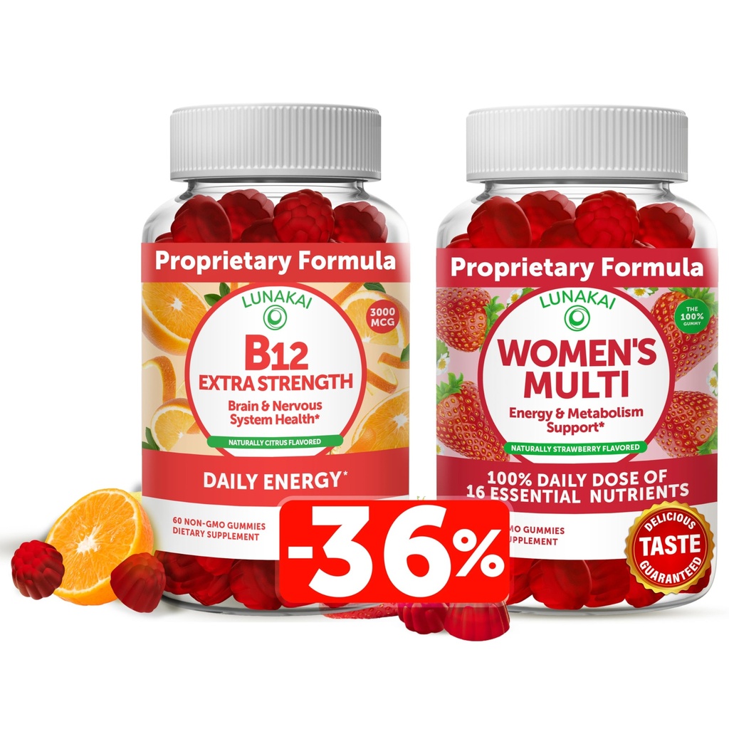 Lunakai Vitamina B12 și Femeii Multivitamine Gummie Bundle - non-GMO & Vegan Supliment pentru suport energetic și sănătatea osoasă - 100% Valoarea zilnică a 16 Vitamine esențiale și minerale - 30 zile de aprovizionare