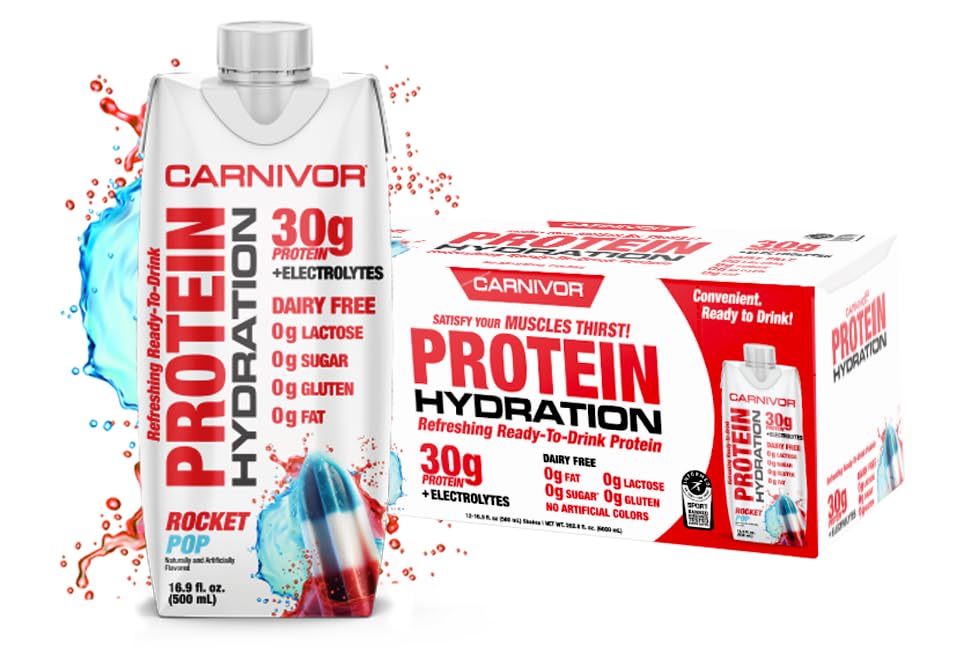 MuscleMeds Carnivor Proteine Hidratare RTD, gata de băut, Lactoză fără zahăr, 30g Proteină izolată, Halal Certified, Rocket Pop, 16,9 Fl Oz (Pachet de 12)