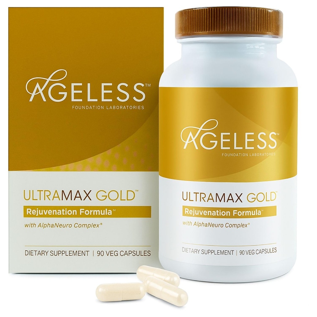 AGELESSTM: Capsule UltraMAX GoldTM, Supliment anti- imbatranire HGH pentru femei, incetineste imbatranirea celulara, sustine sanatatea imuna, Skin Tone mai netezite si somn resorativ, Managementul greutatii, 90 capsule
