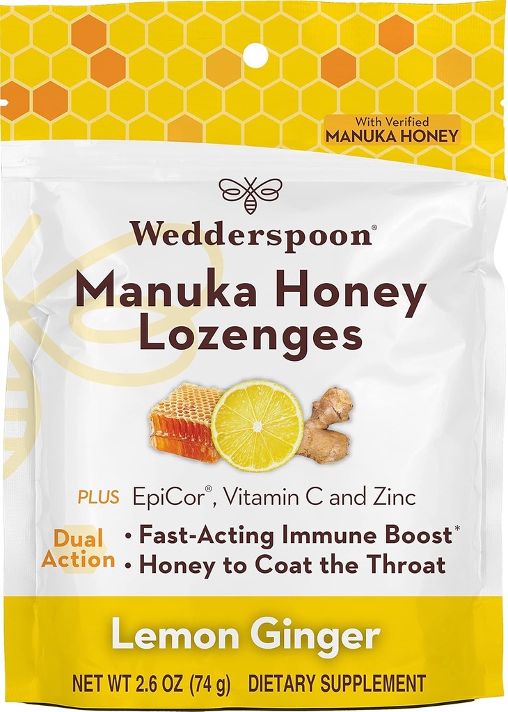 Wedderspoon Manuka Honey Imunity Lozenges, Lemon Ginger, 2.6 Oz (Pachetul din 1), Original New Zealand Honey, Boost Imunity În termen de două ore
