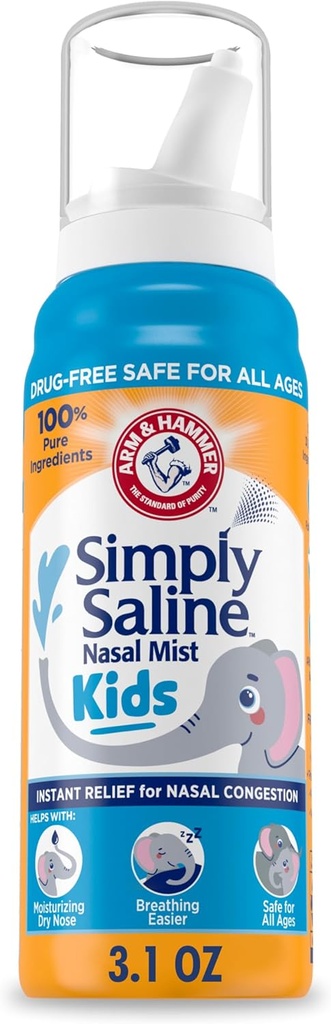 ARM & HAMMER Pur și simplu salină Copii Mist Nasal, Spray salin pentru un ajutor de congestie nazală blând, 3.1 Oz