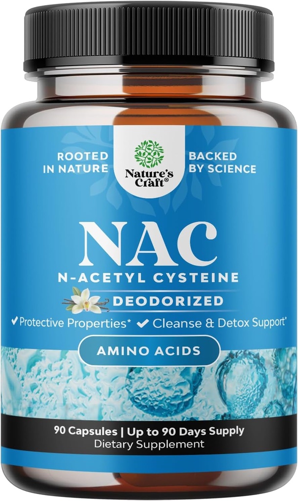 Suplimentul NAC N-Acetyl Cysteine cu vanilie - Detox N-Acetilcisteină Supliment pentru Lung Health & Respiratory Function, Ficat & Rinichi Detoxifiere & Cleanse - Amino NAC Capsule pentru adulţi - 90 Ct