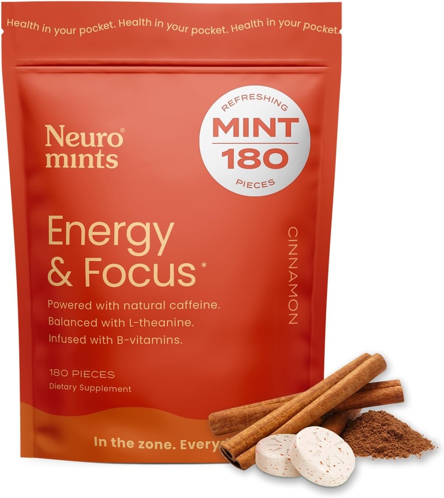 Menta NeuroGum Energy Cafeine (180 de bucăți) - Zahăr fără L-teanină + Cafeină naturală + vitamina B12 & B6 - Nootrop Energy & Focus Supliment pentru femei și bărbați - Keto & Vegan, Aroma de scorțișoară