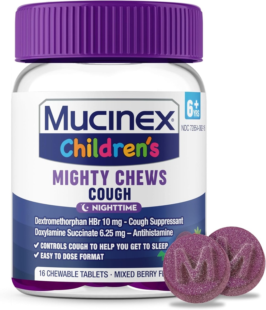 Mucinex pentru copii puternic Chews noapte copii tuse Medicina, Ușor de a doza Tuse Supressant cu Dextrometorfan, Copii de călătorie Medicina pentru tuse, mixt aroma Berry, 16 Tablete masticabile medicamentate