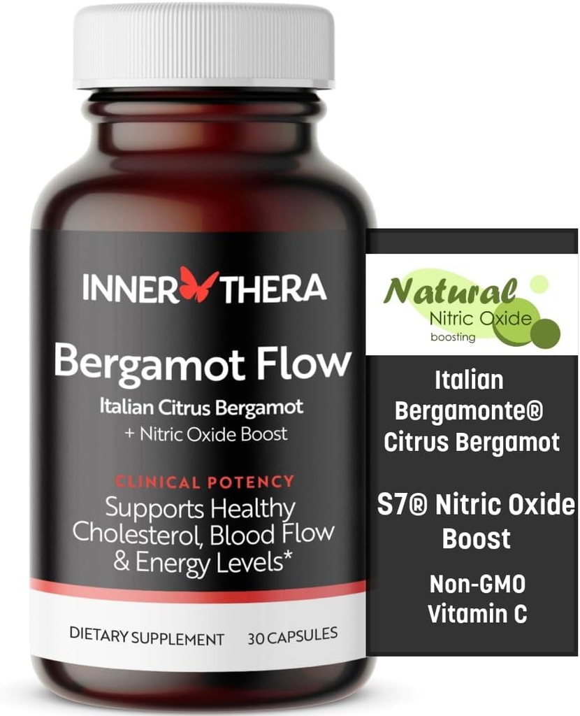 Bergamot Flow Italian Citrus Bergamot + S7 Nitric oxid, Bergamot Supliment pentru High Cholesterol - Creșterea fluxului sanguin, Circulație & Niveluri energetice - Made with patented Italian Bergamonte extract