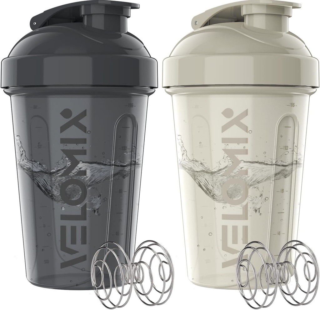 VELOMIX -2 Pack- 20 oz Proteine Shaker Sticle pentru amestecuri de proteine - 2x sârmă Whisk 