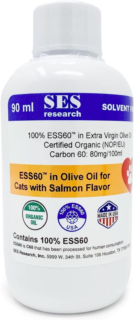 SES de cercetare C60 pentru animale de companie în ulei de măsline organice extra virgine cu aromă de somon - Animale de companie Suplimentul alimentar - supliment antioxidant - Solvent gratuit - Booster imunitate - Boosts Energie & Mood - Focus - 90ML
