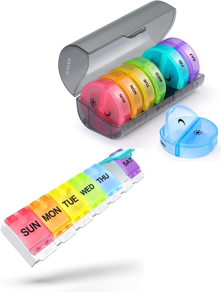2 Pack Weekly Pill Organizator, Sukuos Daily Pill Box 7 zile pastile cazuri pentru vitamine, uleiuri de pește sau suplimente, BPA gratuit